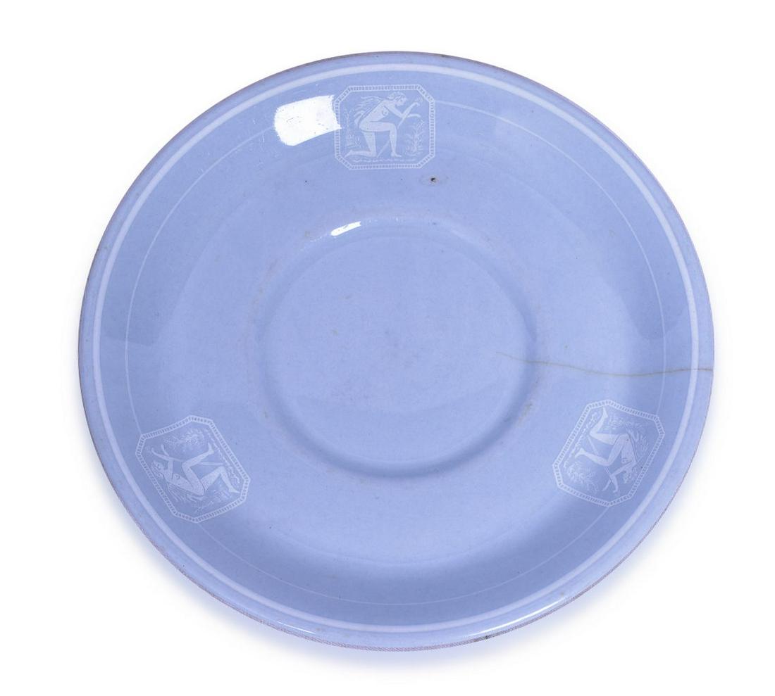 New York New Haven & Hartford Platinum Blue Saucer 6 1/8": Buffalo China saucer in the platinum blue pattern, bottom stamped Made Expressly For N-Y-N-H & H-R-R Co Furnished By Thompson Winchester Co Boston. Measures 6 1/8" and shows moderate utensil use and s