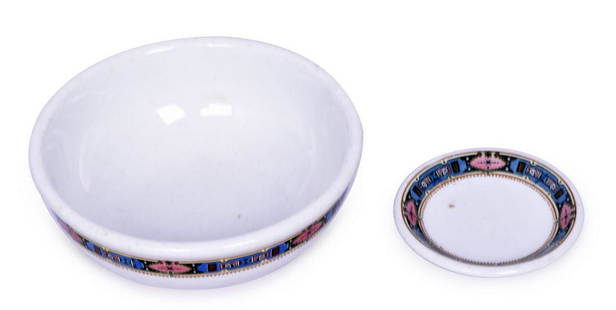 Porto Rico Line Steamship Buffalo China Butter Pat & Bowl: Porto Rico Line Steamship Buffalo China butter pat & bowl, both bottom stamped Made by Buffalo Pottery for James M. Shaw & Co. Expressly for Porto Rico Line New York Design Pat. 67573 San Juan. Butter