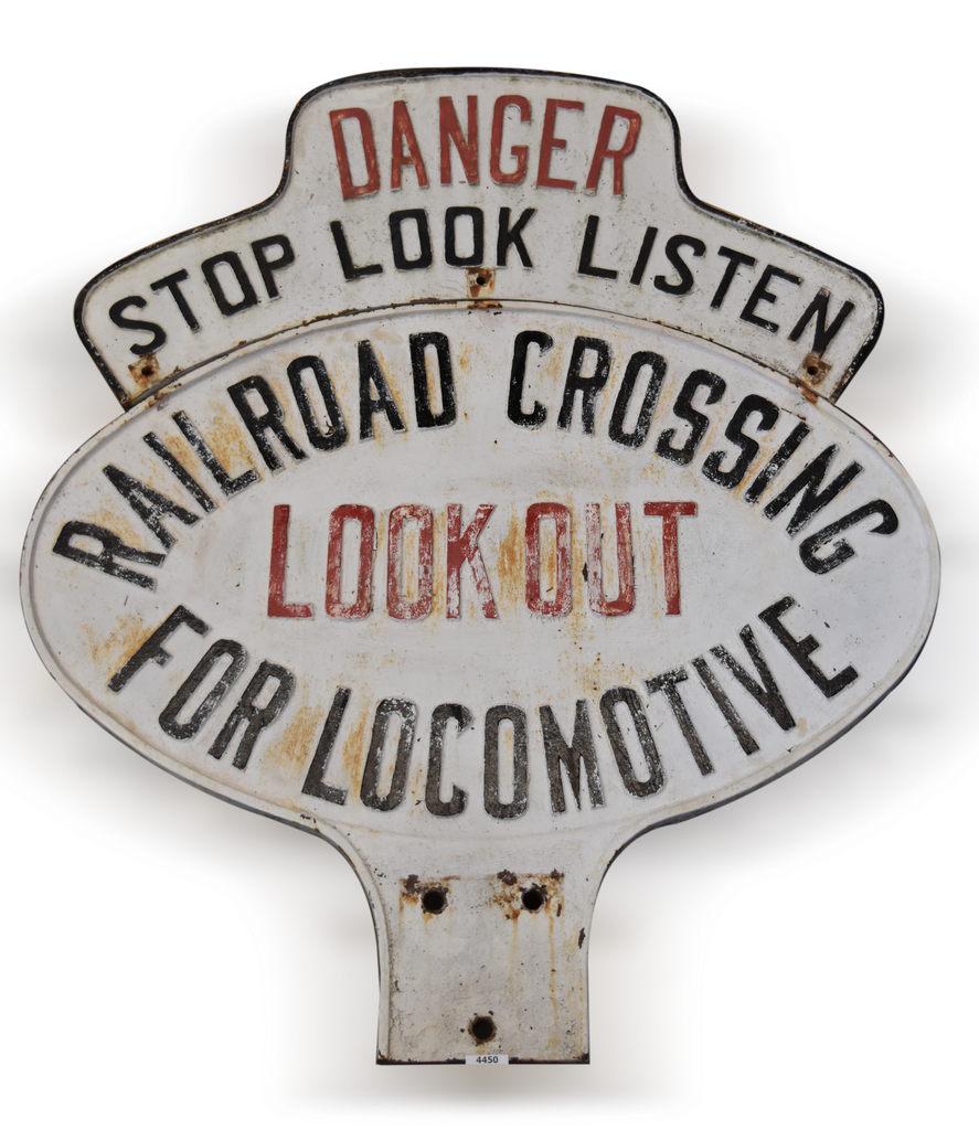 Cast Iron Two Piece Railroad Crossing Sign Look Out for Locomotive - Danger, Stop, Look, Listen (1 of 2)