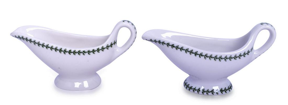 Pair of Louisville & Nashville Railroad China Green Leaf Pattern Gravy Boats: A pair of L&N railroad dining car China gravy boats in the Green Leaf pattern. The gravy boats measure 6" x 1 7/8" x 3 3/8" and show minimal signs of use with light stacking wear on the bottom. No chi
