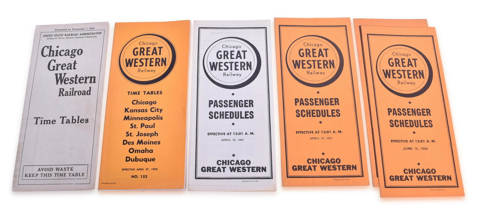 Seven Chicago Great Western Railroad Timetables - 1910 to 1964 (1 of 2)