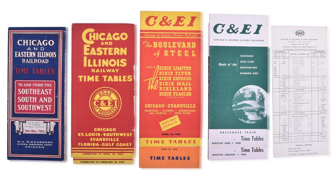 Nine Chicago and Eastern Illinois Railway Timetables - 1913 to 1967: A group of nine C&EI railroad timetables spanning 1913 to 1960. Dates include 1913, 1934, 1937, 1943, 1946, 1960, and 1967. The majority are in good to very good condition. The earlier timetables show