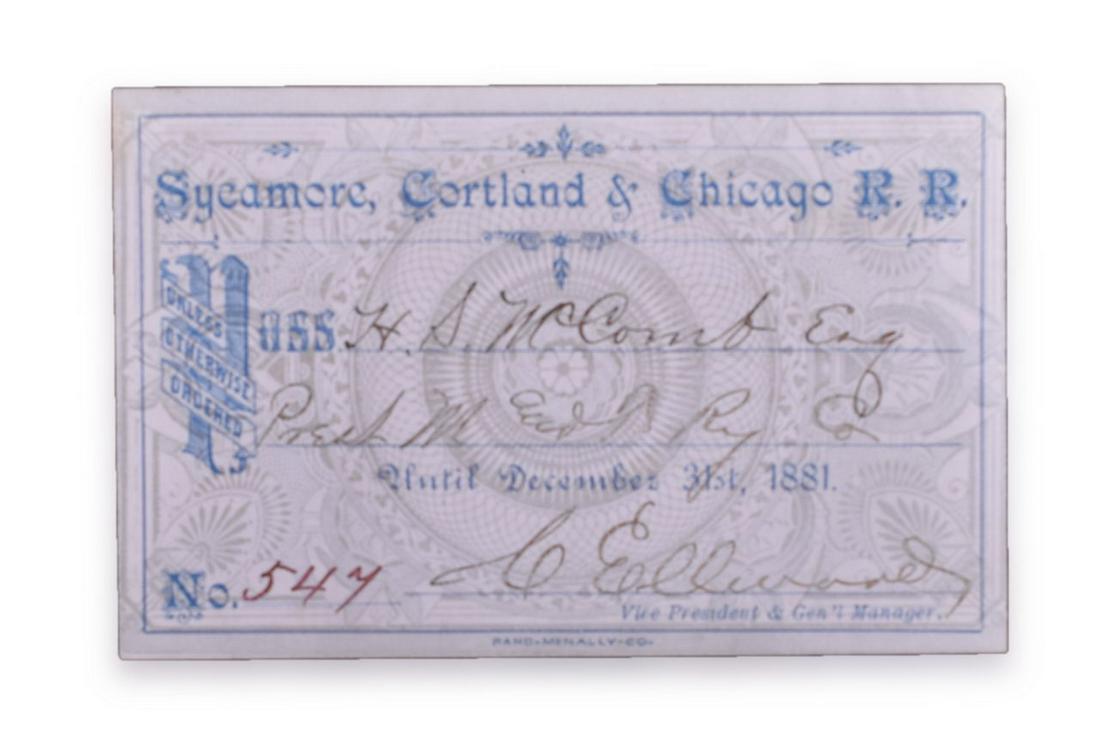 Sycamore, Cortland & Chicago Railroad 1881 Annual Pass (1 of 2)