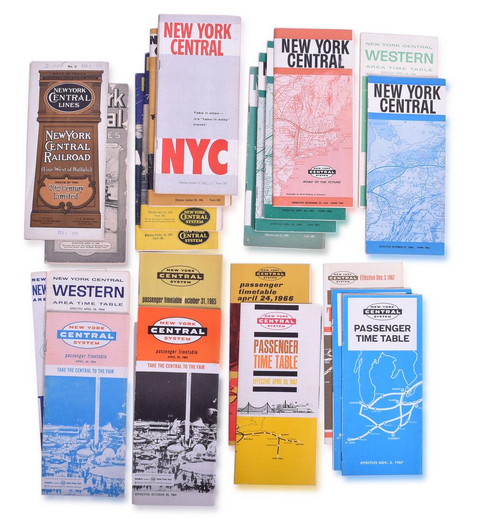 Twenty New York Central Railroad Timetables - 1915 to 1967: A group of twenty New York Central Railroad timetables spanning 1915 to 1967. Earlier timetables are dated 1915 and 1930. The remaining tables date 1955 to 1947. The majority are in good to fair condi