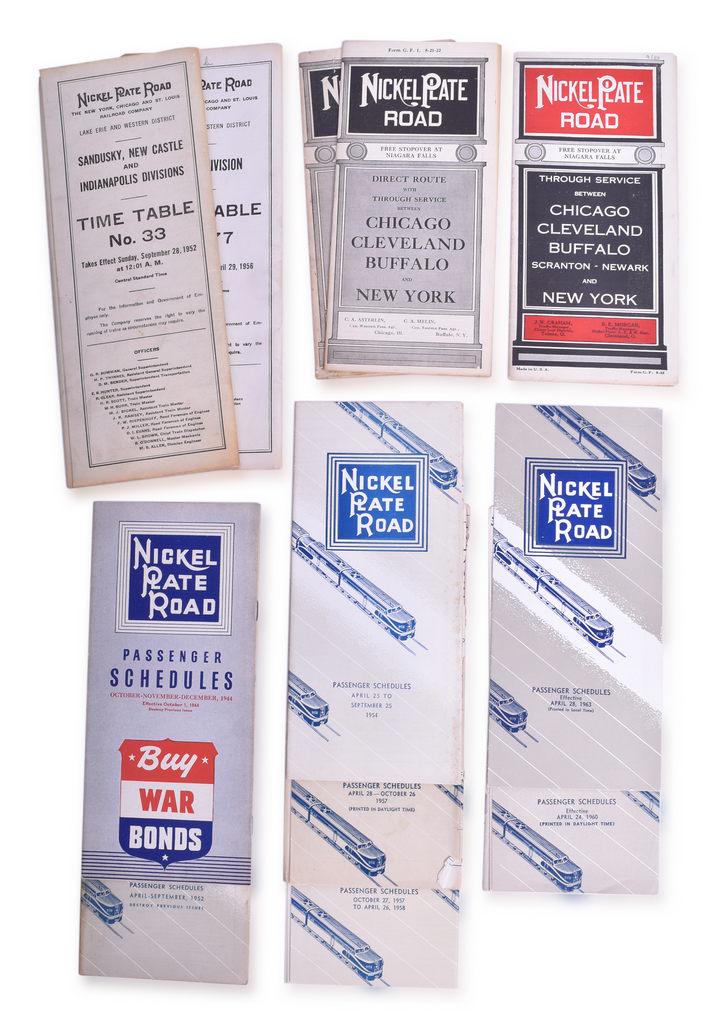 Thirty Great Lakes Midwest Railroad Public and Employee Timetables - 1912 to 1966 - Nickel Plate: A group of thirty Great Lakes and Midwest area railroad timetables, public and employee, spanning 1912 to 1966. Twelve public timetables are from Nickel Plate Road and include dates 1922, 1924, 1925, 