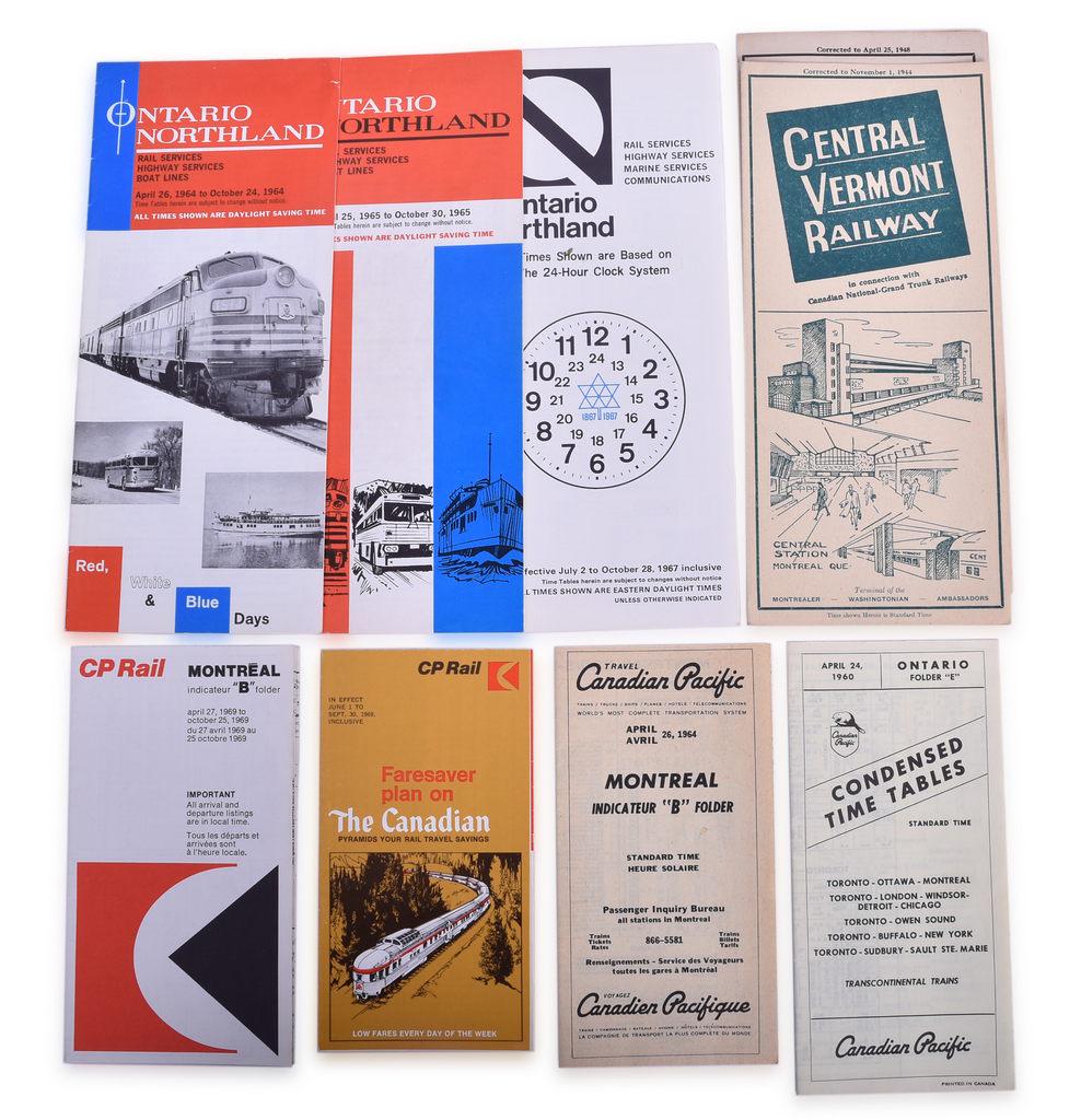 Forty-Three Canadian Railroad Public and Employee Timetables - 1898 to 1981 - Canadian National,: A large group of forty-three Canadian railroad timetables, public and employee, spanning 1898 to 1981. Canadian National public timetable dates include 1964, 1967, 1968, 1970, 1971, 1972, 1975, and 19