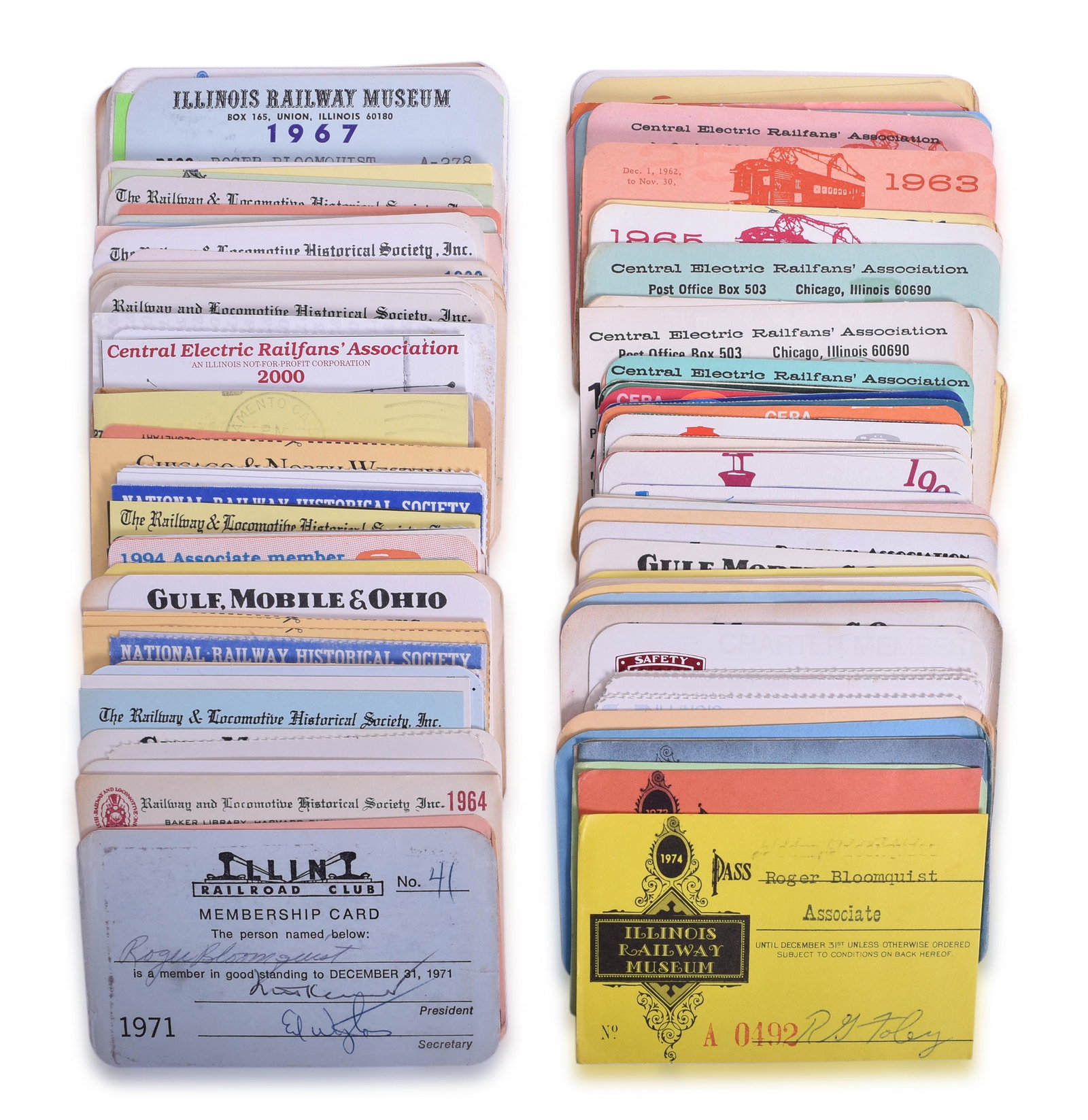 100+ Railroad Club Membership Cards - Central Electric Railfans Association, Illinois Railway: Large group of railroad membership cards. Over 100. Includes Central Electric Railfans Association as far back as 1955, Illinois Railway Museum back to 1967, Railway and Locomotive Historical Society 