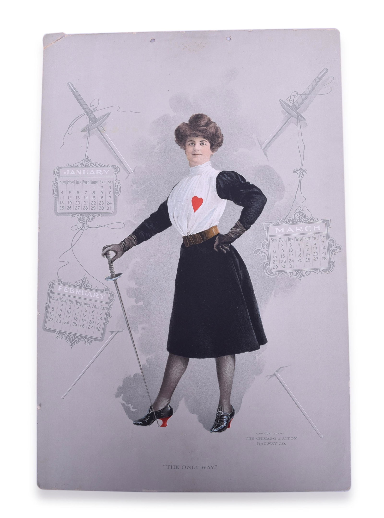 1902 Chicago and Alton "Fencing Girl" Advertising Calendar: Really neat 1902 Chicago and Alton calendar with all four sheets. This calendar features "The Only Way" slogan as well as the fencing girl in four different poses. Each page shows three months and on 