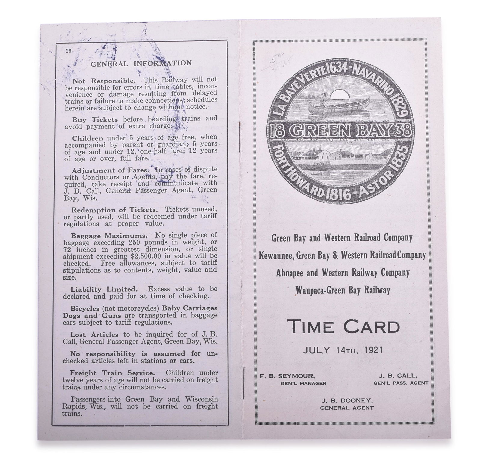 Three Railroad Timetables - 1921, 1925, 1930 - Green Bay and Western, Detroit Toledo and Ironton (1 of 4)