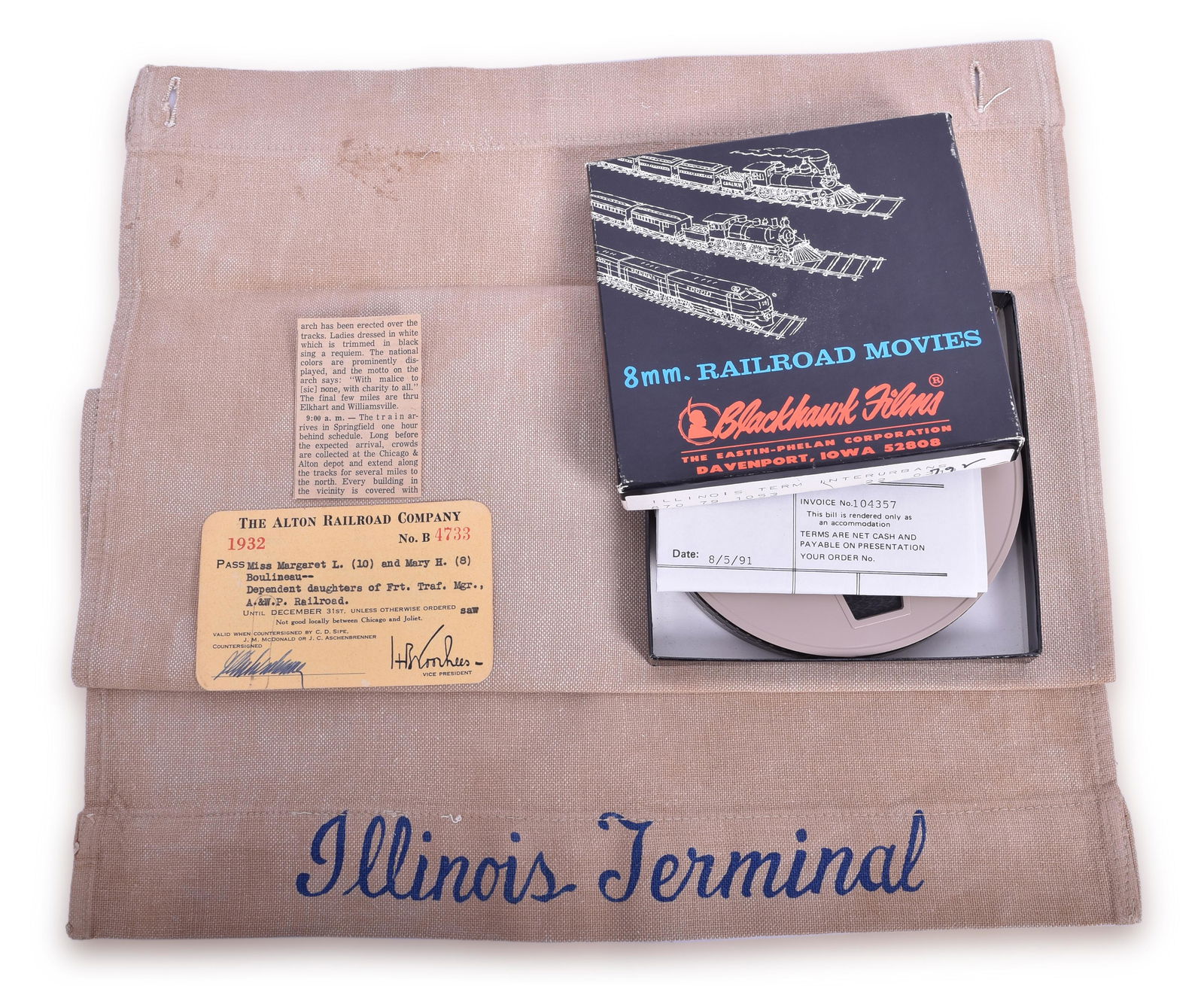 Mixed Lot of Railroad Ephemera - Switch Key, Ticket Punch, 8mm Film, 1932 Annual Pass, Head Rest: A mixed lot of railroad ephemera from Chicago & Alton and Illinois Terminal. The switch key stamped C&A RR is stamped on the back with 171 and a serif "S". The key shows heavy pocket wear along the hi