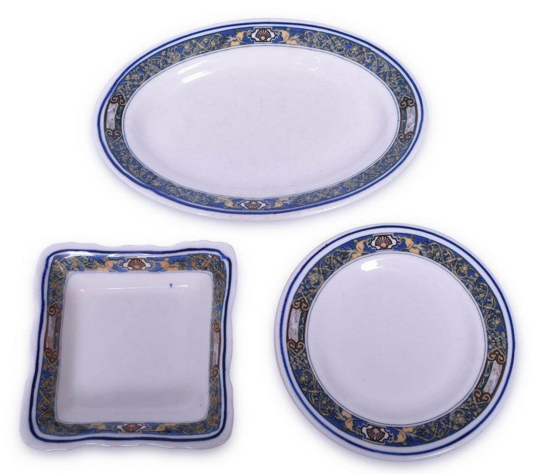 Three Pieces of Reading Railroad China - Stotesbury Pattern Plates: A group of three Reading Railroad china pieces in the Stotesbury pattern all bottom stamped Lamberton Scammell Made Especially for The Reading Co. Furnished by John Wanamaker. A 5 1/4" round plate sho