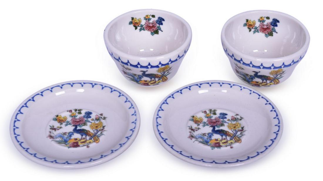Pair of Milwaukee Road Railroad China Peacock Bouillon Cups and Saucers: Pair of railroad dining car china for the Chicago, Milwaukee, St. Paul and Pacific Railroad in the Peacock pattern. Two 3 3/4" bouillon cups bottom marked Syracuse China 7-II both showing minimal uten