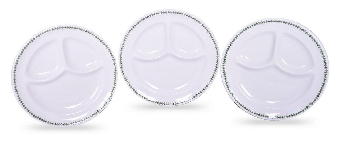 Three Louisville & Nashville Railroad Green Leaf Pattern Dining Car China Divided Platter Plates: A group of three divided plates for the L&N railroad dining car in the Green Leaf pattern. Plates measure 9 3/4" and shows minimal to light utensil use and discoloration from stacking wear. The plates