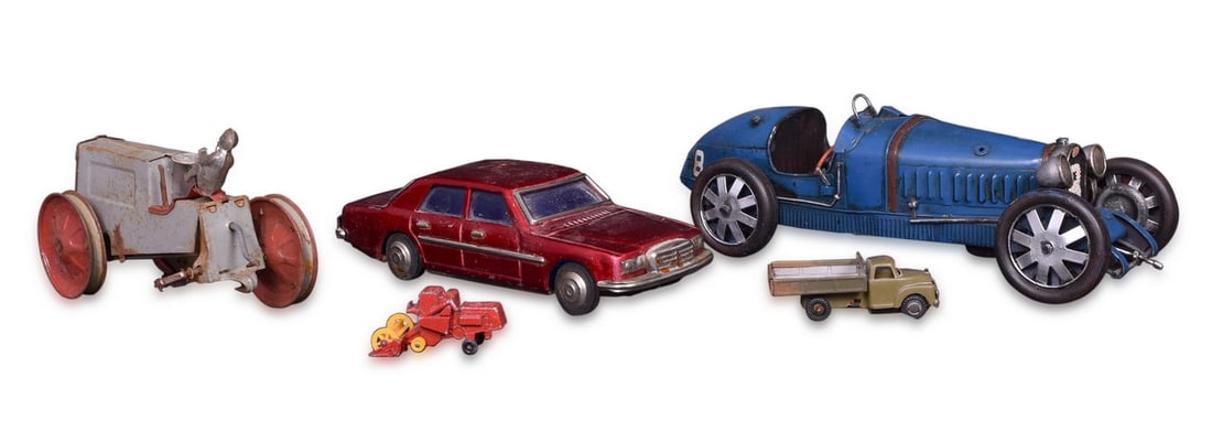 Five Pressed Steel and Die Cast Vehicle Toys - Boyle Bugatti Tin Toy, Woodhaven Tractor, Mercedes (1 of 5)