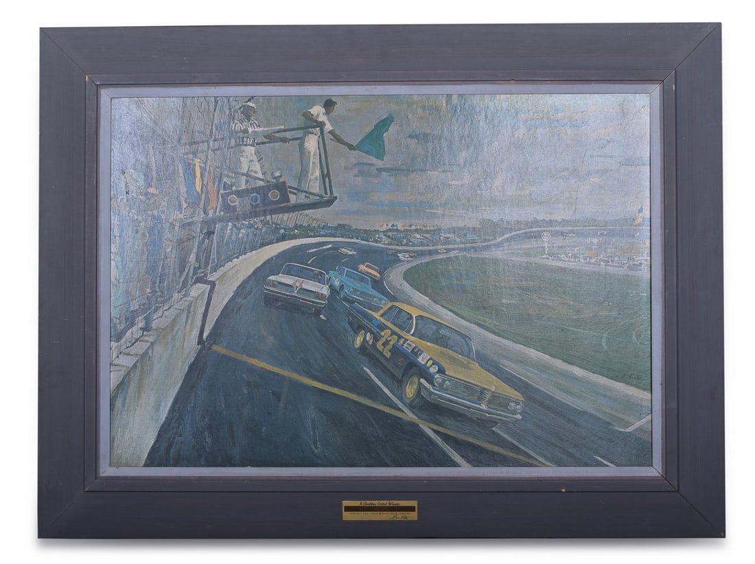 1962 Pontiac Dealership Promotional Print "Daytona 500" by Bill Smith: Original framed 1962 Pontiac Dealership print for the 1962 "Space Race" sales campaign. The print was issued to Amundson Auto Company from Osseo, Wisconsin. There is a brass plaque at the bottom edge