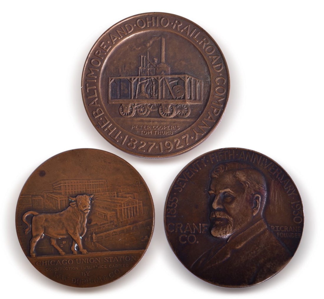 Three Bronze Anniversary Railroad Medallions - Baltimore and Ohio Centennial, Crane Co. 75th: A set of three bronze railroad medallions. The most notable among the group is a Baltimore & Ohio centennial medallion measuring 2 3/4". The front reads One Hundred Years Safety Strength Speed and the