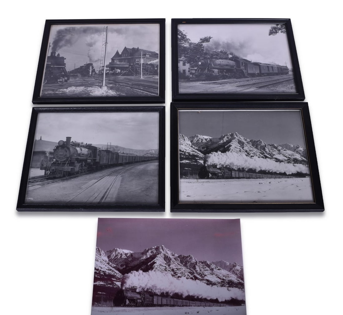 Five Black and White Canadian Pacific and Canadian National Railroad Photographs: A group of four framed black and white prints and one duplicate loose print for the Canadian Pacific and Canadian National. Subject matter includes a framed and duplicate print for locomotive 5927, a