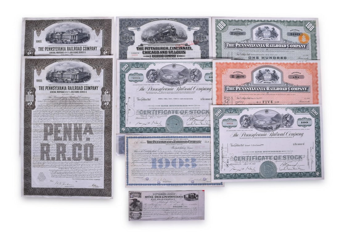 Eight Railroad Stock Certificates, Dividend Scrip, and Bond Receipt - Pennsylvania Railroad, Ohio & (1 of 8)