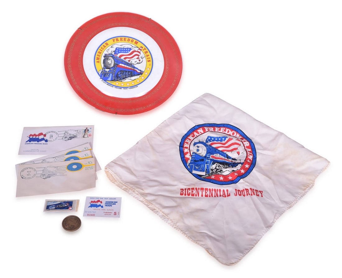 Group of American Freedom Train Ephemera - China Plate, Bicentennial Journey Coin, Scarf, Envelopes, (1 of 6)