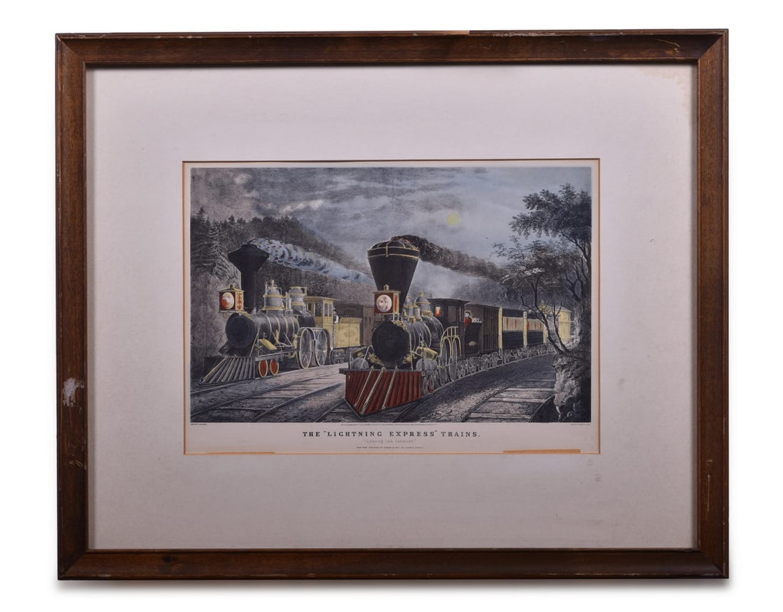 Original Currier & Ives Railroad Lithograph Print - The Lightning Express Trains Leaving the (1 of 2)