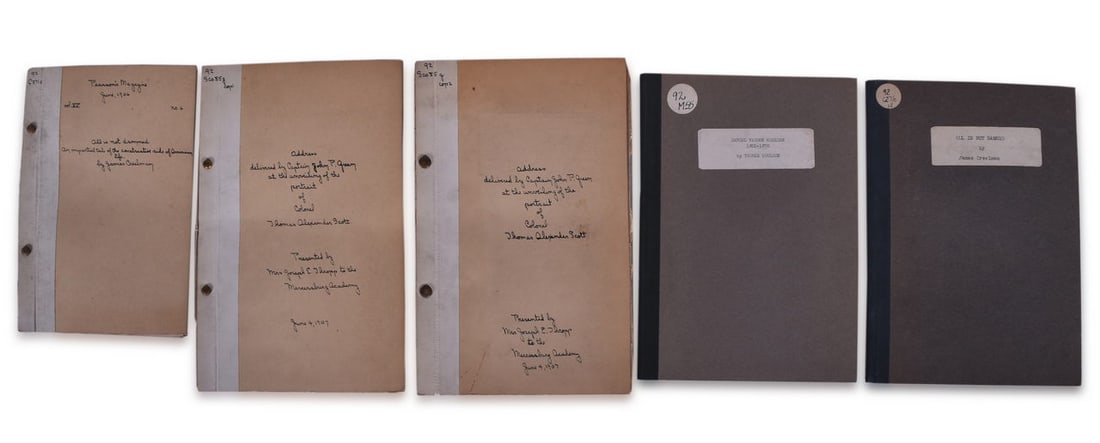 Five Pieces of Pennsylvania Railroad Literature - Thomas A. Scott Portrait Unveiling Addresses, All: A small group of literature from the Pennsylvania Railroad Library. Each piece is in a labeled cardboard binder marked with the library call numbers. Some are stamped with the embossed Pennsylvania Li