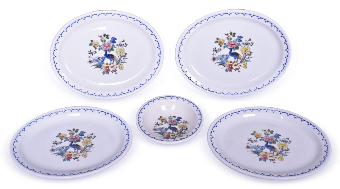 Five Pieces of Milwaukee Road Railroad China Peacock Bowl and Oval Plates: Five pieces of railroad dining car china for the Chicago, Milwaukee, St. Paul and Pacific Railroad in the Peacock pattern. A 4 1/2" bowl bottom marked Syracuse China 7HH showing mild discoloration on