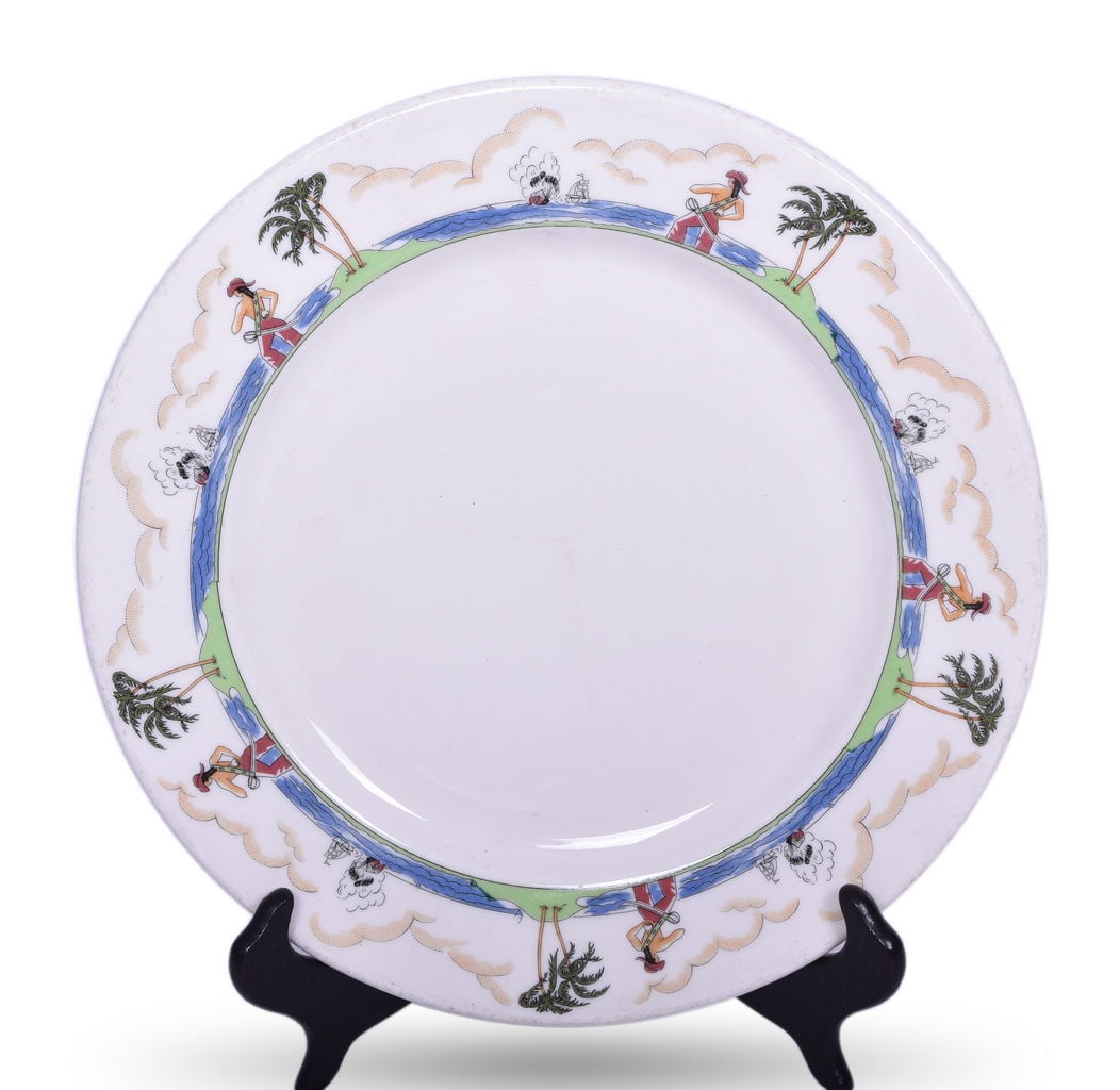 Syracuse China Illinois Central Railroad Pirate Dinner Plate 9 3/4": A 9 3/4" dinner plate in the Pirate design for the Illinois Central Railroad, back stamped Syracuse China 90-C. The plate has good graphics and shows general signs of use with mild utensil scratches, 
