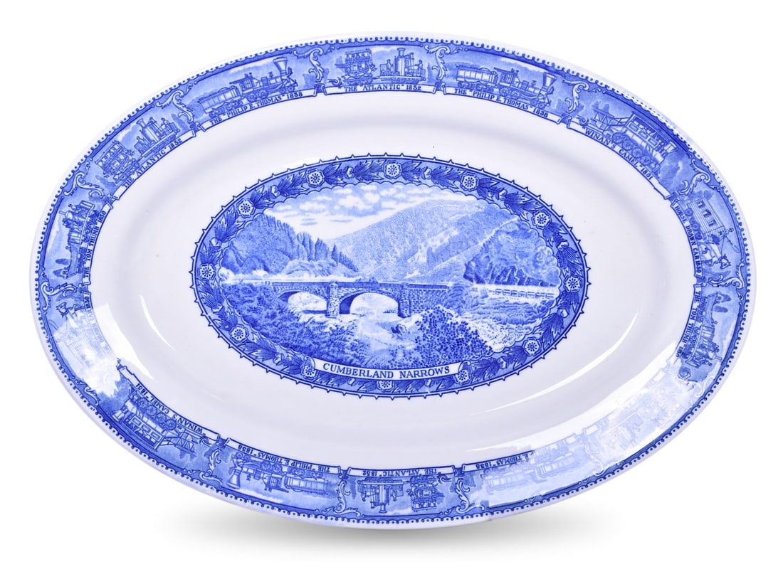 Baltimore and Ohio Railroad China Centenary Oval Platter: A large 15 1/4" oval china platter for the Baltimore & Ohio Railroad in the Centenary pattern with the Cumberland Narrows graphic, back stamped 1827-1927 Baltimore & Ohio Railroad Shenango China T-27