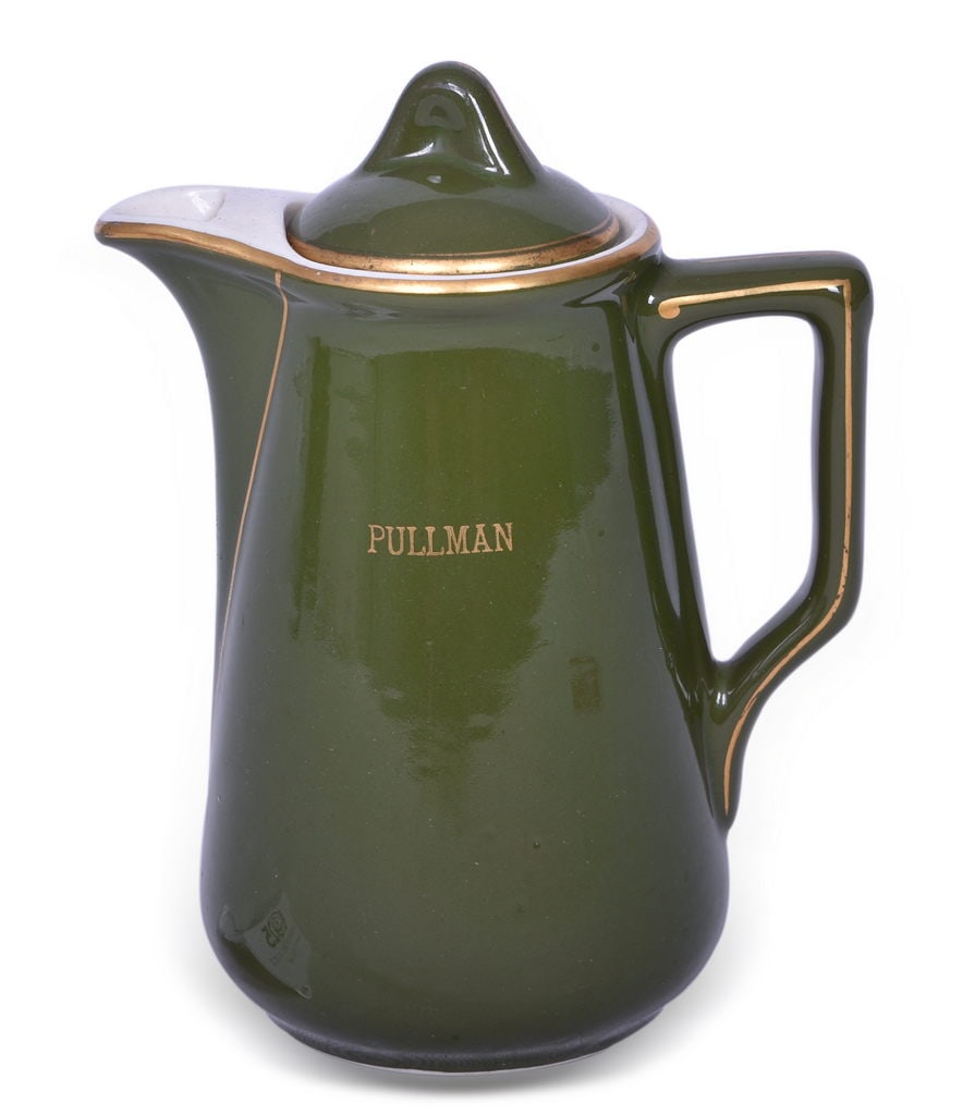 Hall & Pullman Railroad China Verde Green Teapot: A 5 3/4" verde green teapot for the Pullman Railroad by Hall. The teapot is side marked on one side Pullman in gold with golden edge decorations and bottom stamped Hall. The teapot shows general signs
