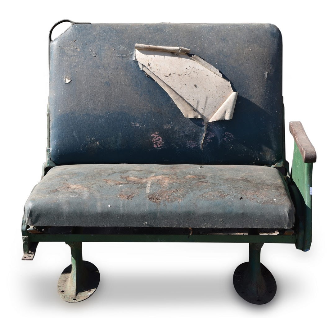 Heywood-Wakefield Walk / Roll Over Railroad Passenger Car Seat #2: Heywood - Wakefield passenger car set with original cushions. This seat was stored in a shed for a number years and has mouse droppings and some wear. The frames and cushion frames are in decent condi