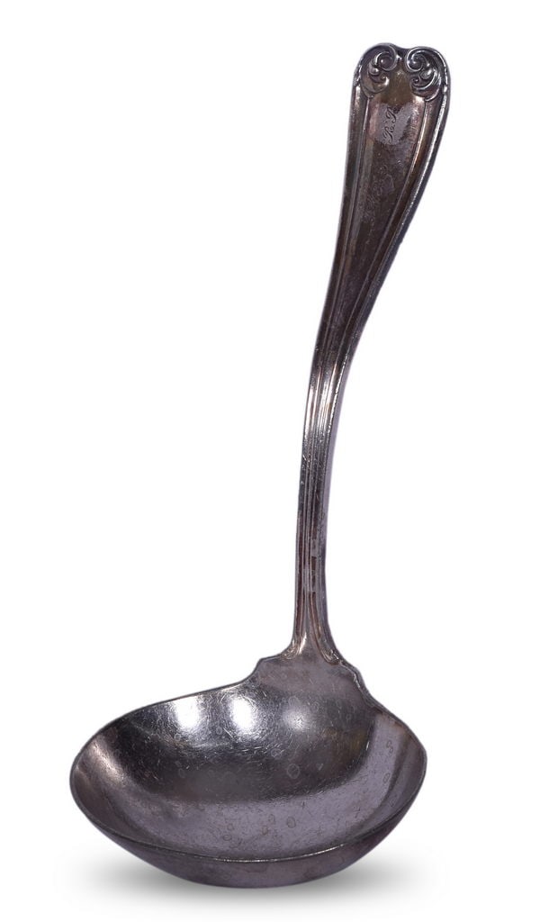 Reed & Barton Denver & Rio Grande Western Railroad Belmont Soup Ladle: A silver soup ladle in the Belmont pattern for the Denver & Rio Grande Western Railroad top marked on the handle D.&R.G.W.R.R. in cursive and bottom stamped Pat. Appl'd For Reed & Barton. The ladle sh