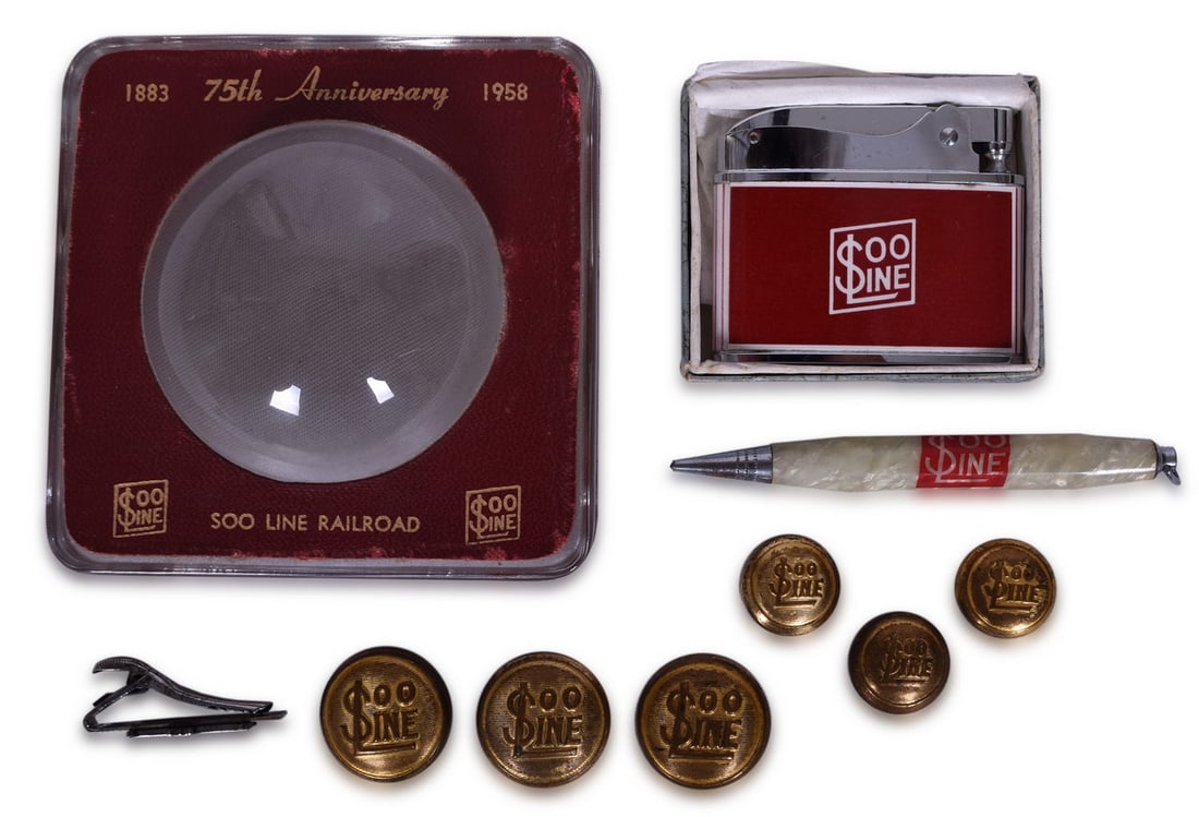 Group of Nine Soo Line Railroad Items - Buttons, Glass Anniversary Paperweight, Lighter, Pencil, and (1 of 3)