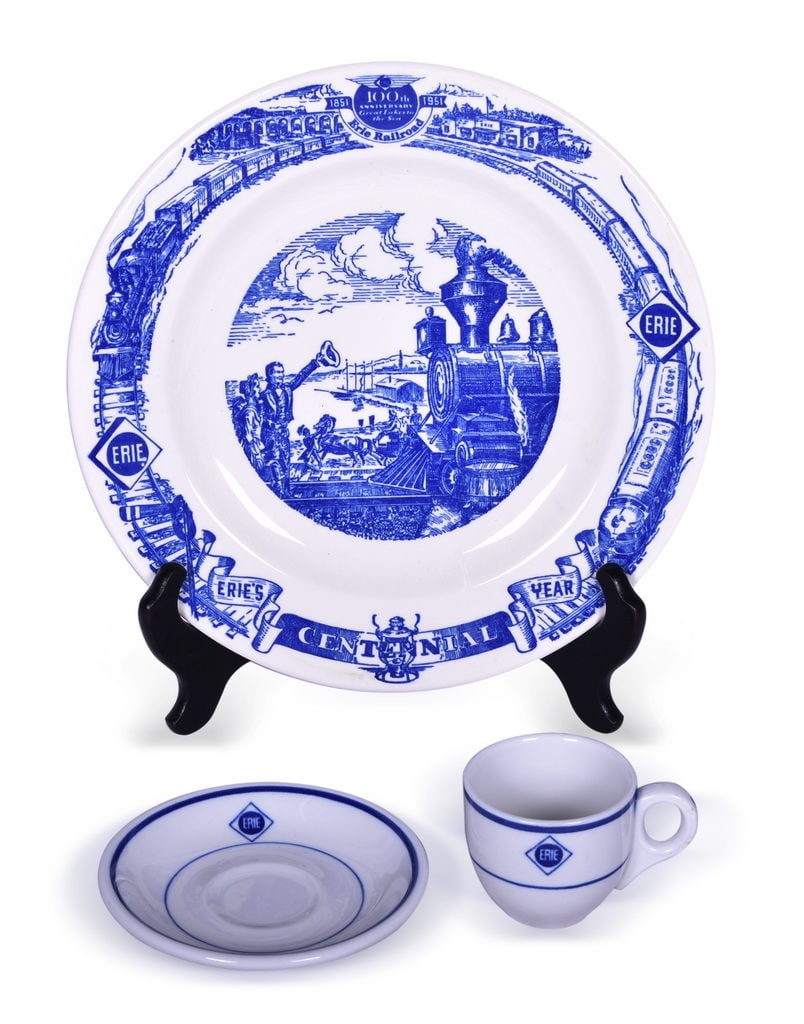 Erie Railroad China Starucca Reversal Demitasse with Saucer and Centennial Dinner Plate: Erie Railroad China Starucca Reversal Demitasse with Saucer and Centennial Dinner Plate A pair of china items for the Erie Railroad dining car including a demitasse cup and saucer in the Starucca Reve
