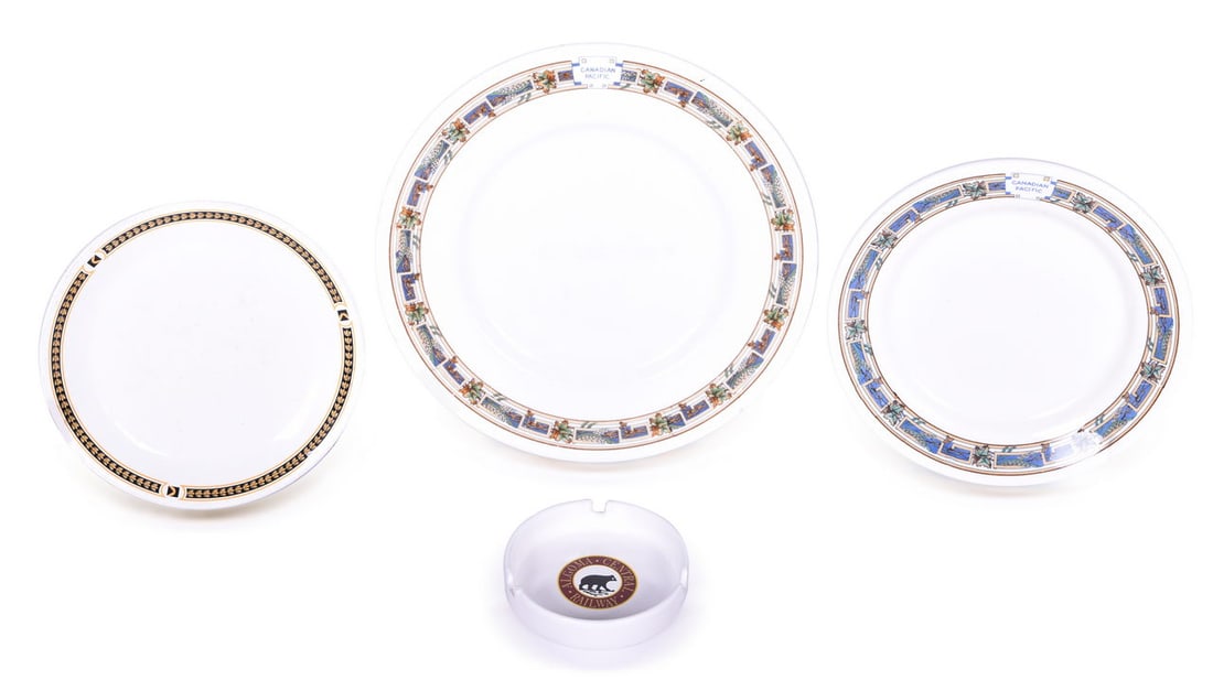 Four Pieces of Canadian Railroad China - Canadian Pacific Plates and Algoma Central Ashtray: Four Pieces of Canadian Railroad China - Canadian Pacific Plates and Algoma Central Ashtray A small group of Canadian railroad china including an 8" dessert plate in the Blue Maple Leaf pattern top ma