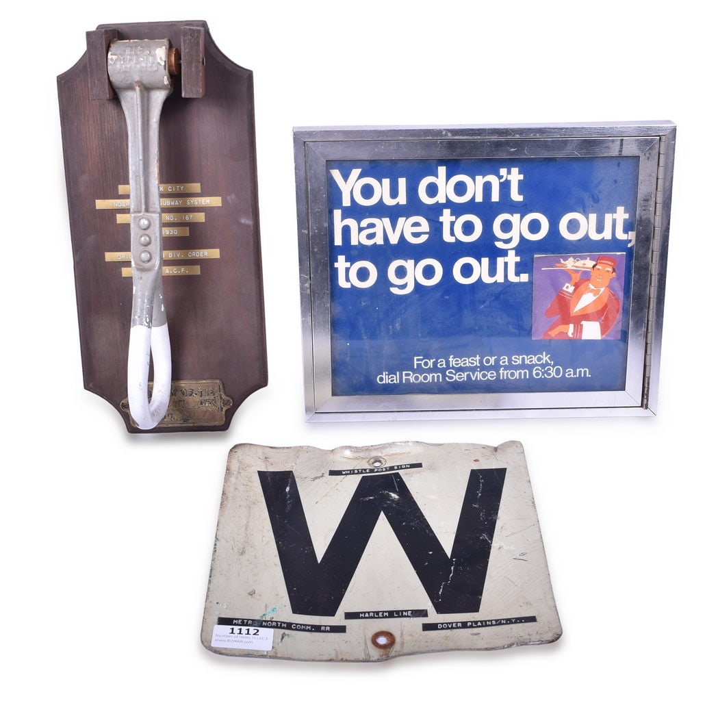 New York Central Subway Strap Hanger, Cast Property Plate, Metro North Whistle Sign, and Advertising (1 of 4)
