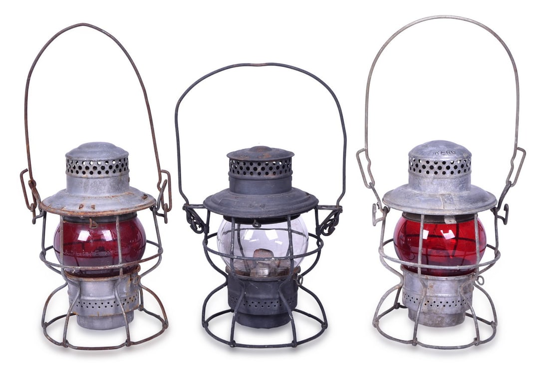 Three Adlake Kero Lanterns - C&NW Clear Globe, EJ&E Red Globe, And CMStP&P Red Globe (1 of 5)
