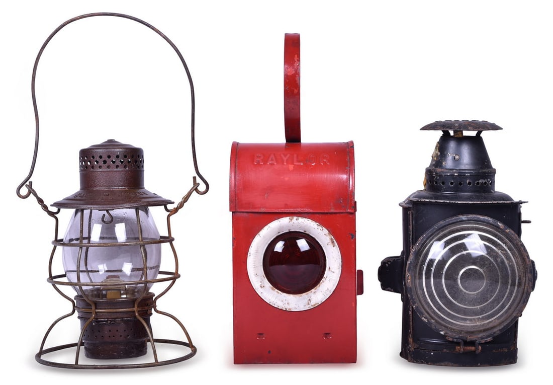 Three Railroad Lamps - Raylor Marker Lamp, Rayo No. 39 Lantern, And Adlake Motor Car Lamp (1 of 3)