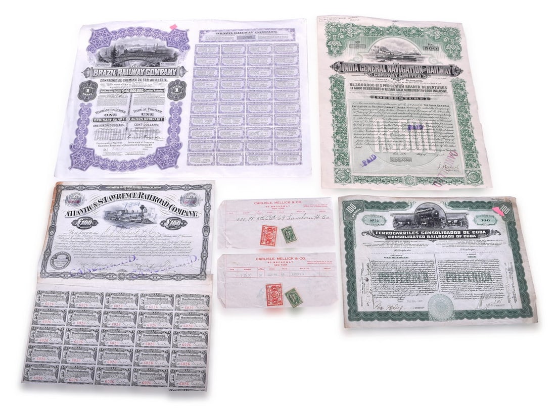 Six International Railroad Stock Certificates And Receipts - Brazil Railway Co., India General (1 of 4)