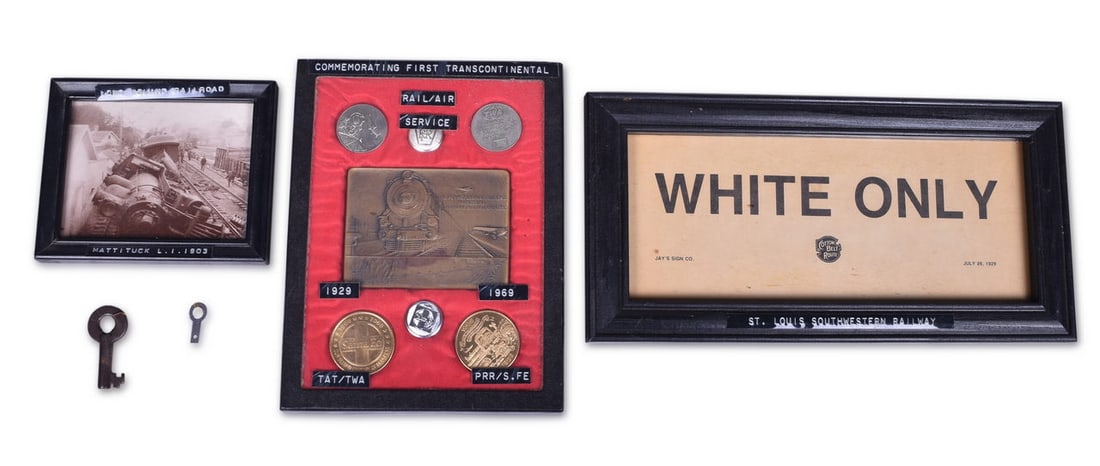 Mixed Group of Railroad Items - Steel Key, Buttons, Commemorative Coins, Photograph, and Sign (1 of 2)