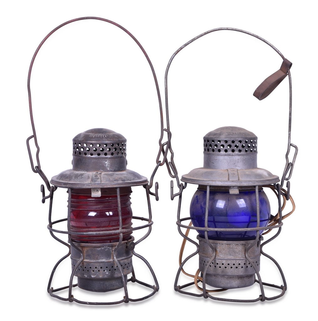 Adlake Pennsylvania Railroad Kero Lantern w/ Blue Globe and Unmarked Adlake Kero w/ Red Fresnel (1 of 3)