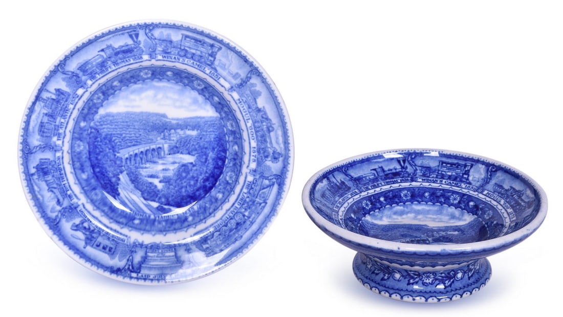 Baltimore & Ohio Railroad China Centenary Pedestal Bowl and Rimmed Bowl: Baltimore & Ohio Railroad China Centenary Pedestal Bowl and Rimmed Bowl Two pieces of dining car china for the Baltimore & Ohio Railroad in the Centenary pattern with the Thomas Viaduct graphic, all b