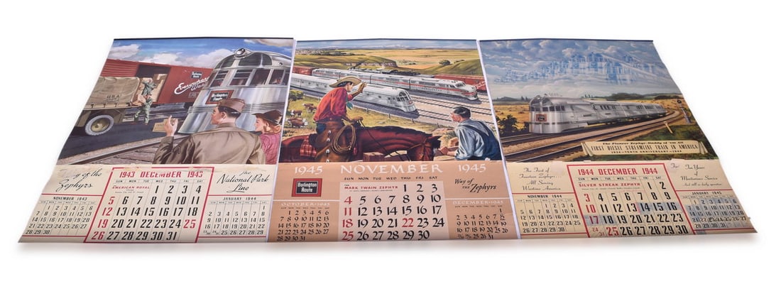 Group of three CB&Q / Burlington Railroad Wall Calendars 1943, 1944, 1945 (1 of 4)