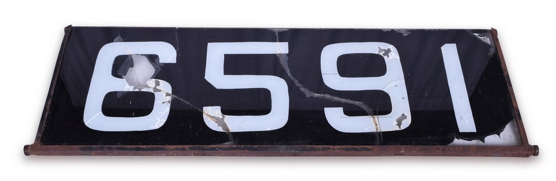 Erie Lackawanna Locomotive #6591 F3 Glass Number Board w/ Metal Frame: Erie Lackawanna Locomotive #6591 F3 Glass Number Board w/ Metal Frame Glass number board from Erie Lackawanna F3 diesel locomotive #6591. The number board and frame measures approximately 33 1/2" x 12