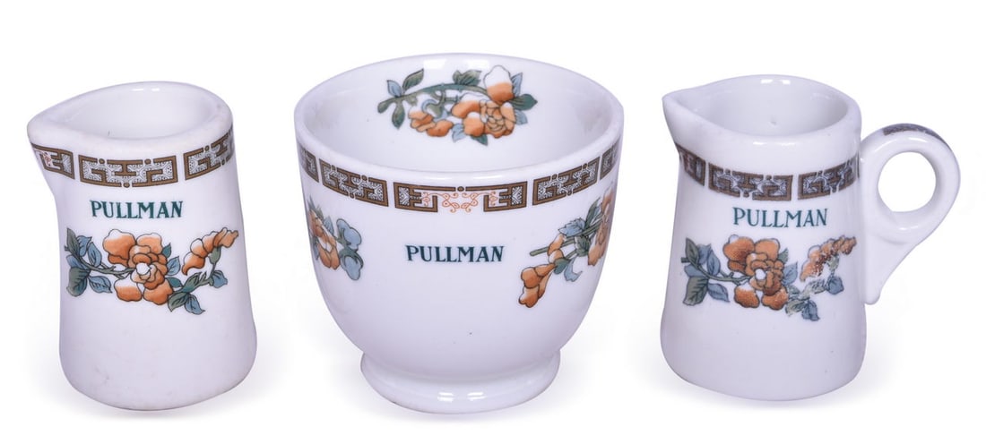 Pullman Railroad China Indian Tree Double Egg Cup, Handled Creamer, and No Handle Creamer: Pullman Railroad China Indian Tree Double Egg Cup, Handled Creamer, and No Handle Creamer A small group of dining car china for the Pullman Company Railroad in the Indian Tree pattern including a 2 3/