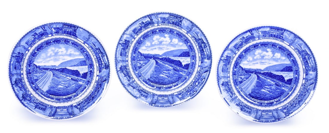 Three Baltimore & Ohio Railroad China Centenary Potomac Valley Plates 8 1/4": Three Baltimore & Ohio Railroad China Centenary Potomac Valley Plates 8 1/4" A set of three 8 1/4" china plates for the B&O Railroad in the Centenary pattern with the Potomac Valley graphic. Two plate