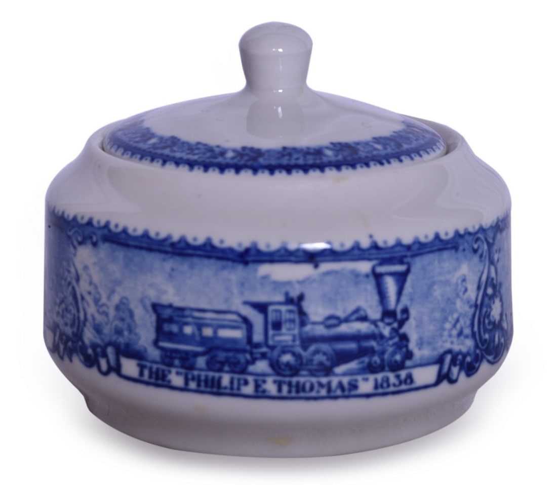 Baltimore and Ohio Railroad China Centenary Covered Sugar Bowl: Baltimore and Ohio Railroad China Centenary Covered Sugar Bowl A 4 1/4" china sugar bowl with lid for the Baltimore & Ohio Railroad in the Centenary pattern, bottom stamped 1827-1927 Baltimore & Ohio