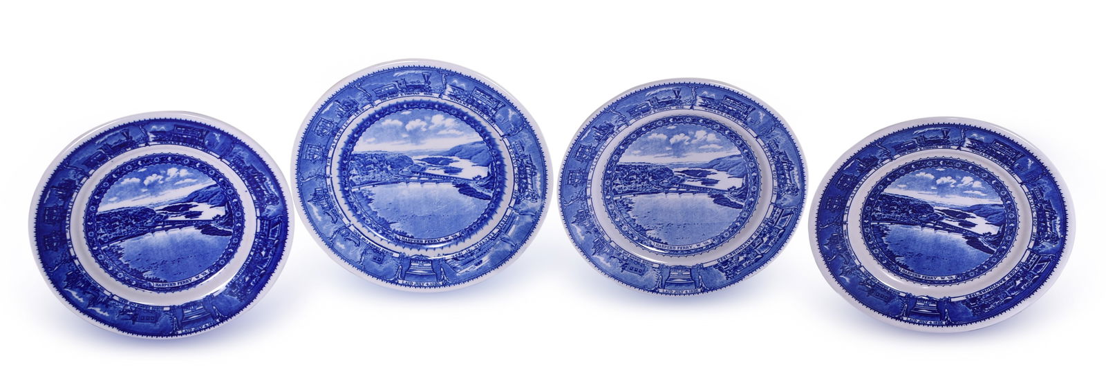 Four Baltimore & Ohio Railroad China Centenary Harper's Ferry Plates 10 1/2": Four Baltimore & Ohio Railroad China Centenary Harper's Ferry Plates 10 1/2" A set of four 10 1/2" china plates for the B&O Railroad in the Centenary pattern with the Harper's Ferry graphic. One plate