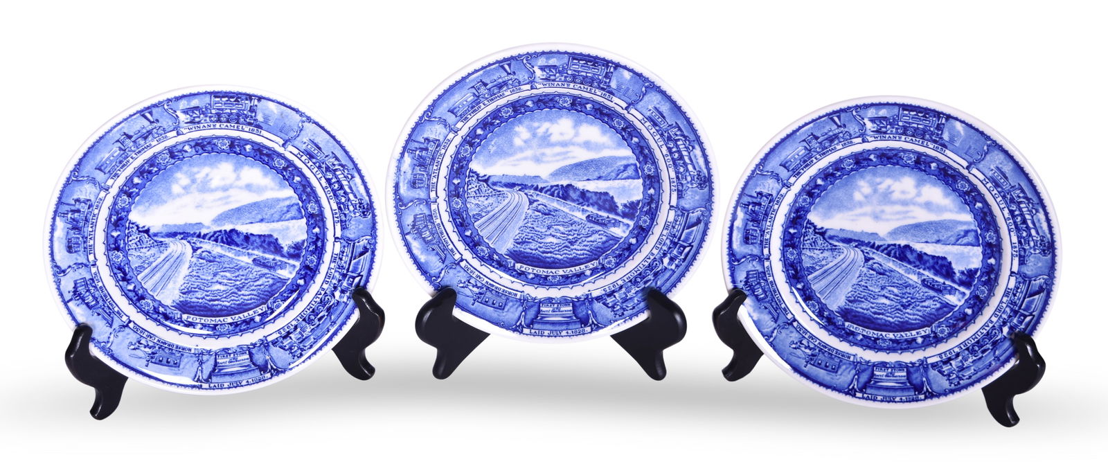 Three Baltimore & Ohio Railroad China Centenary Potomac Valley Plates 8 1/4": Three Baltimore & Ohio Railroad China Centenary Potomac Valley Plates 8 1/4" A set of three 8 1/4" china plates for the B&O Railroad in the Centenary pattern with the Potomac Valley graphic, all botto