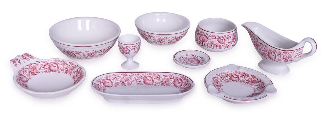 Nine Pieces of Kansas City Southern Railroad Roxbury China - Butter Pat, Egg Cup, Ice Cream Shell,: Nine Pieces of Kansas City Southern Railroad Roxbury China - Butter Pat, Egg Cup, Ice Cream Shell, Ash Tray, and More A mixed group of dining car china in the Roxbury pattern for the Kansas City South