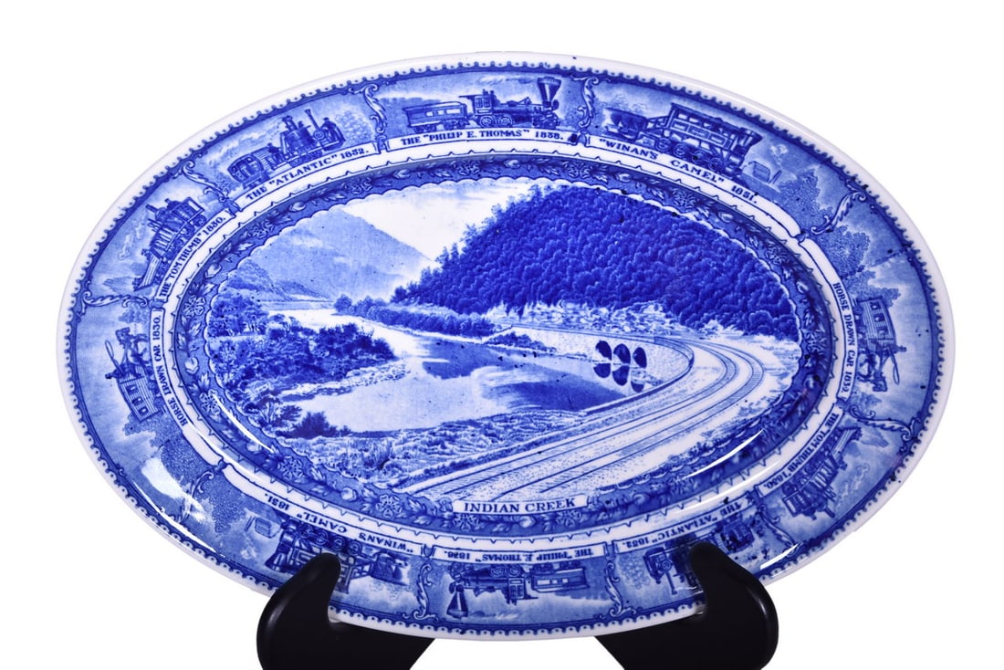 Baltimore and Ohio Railroad China Centenary Oval Platter 14 1/4": Baltimore and Ohio Railroad China Centenary Oval Platter 14 1/4" A large 14 1/4" oval china platter for Baltimore & Ohio Railroad in the Centenary pattern with the Indian Creek graphic, back stamped 1